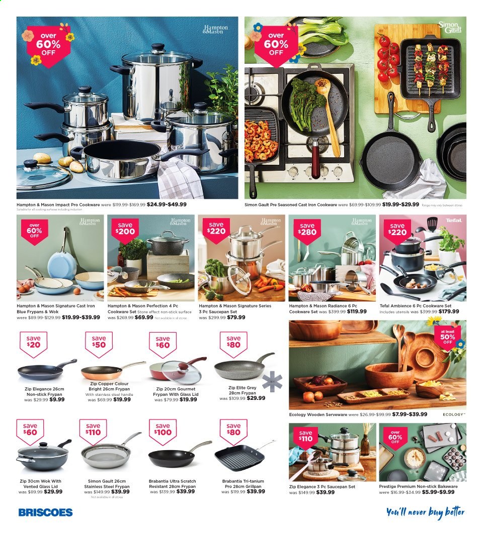 thumbnail - Briscoes mailer - 01.05.2021 - 10.05.2021 - Sales products - Brabantia, cookware set, lid, Tefal, utensils, wok, saucepan, serveware, bakeware, Hampton & Mason, frying pan. Page 4.