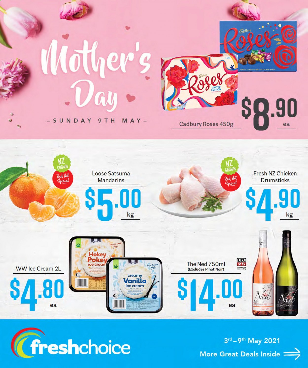 thumbnail - Fresh Choice mailer - 03.05.2021 - 09.05.2021 - Sales products - mandarines, ice cream, Cadbury, Cadbury Roses, red wine, wine, Pinot Noir, rosé wine. Page 1.