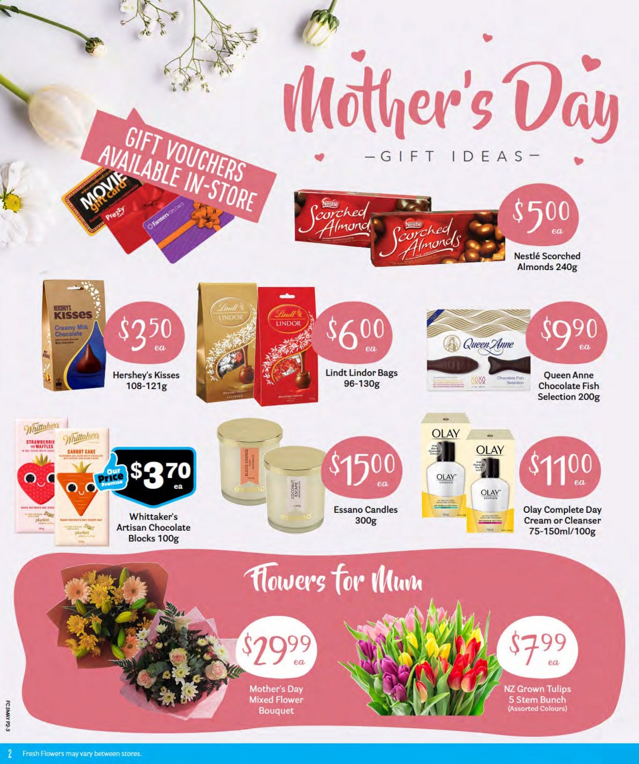 thumbnail - Fresh Choice mailer - 03.05.2021 - 09.05.2021 - Sales products - cake, waffles, fish, Hershey's, milk chocolate, Nestlé, chocolate, Lindt, Lindor, dark chocolate, Scorched Almonds, Whittaker's, cleanser, day cream, Olay, Essano, tulip, bouquet. Page 2.