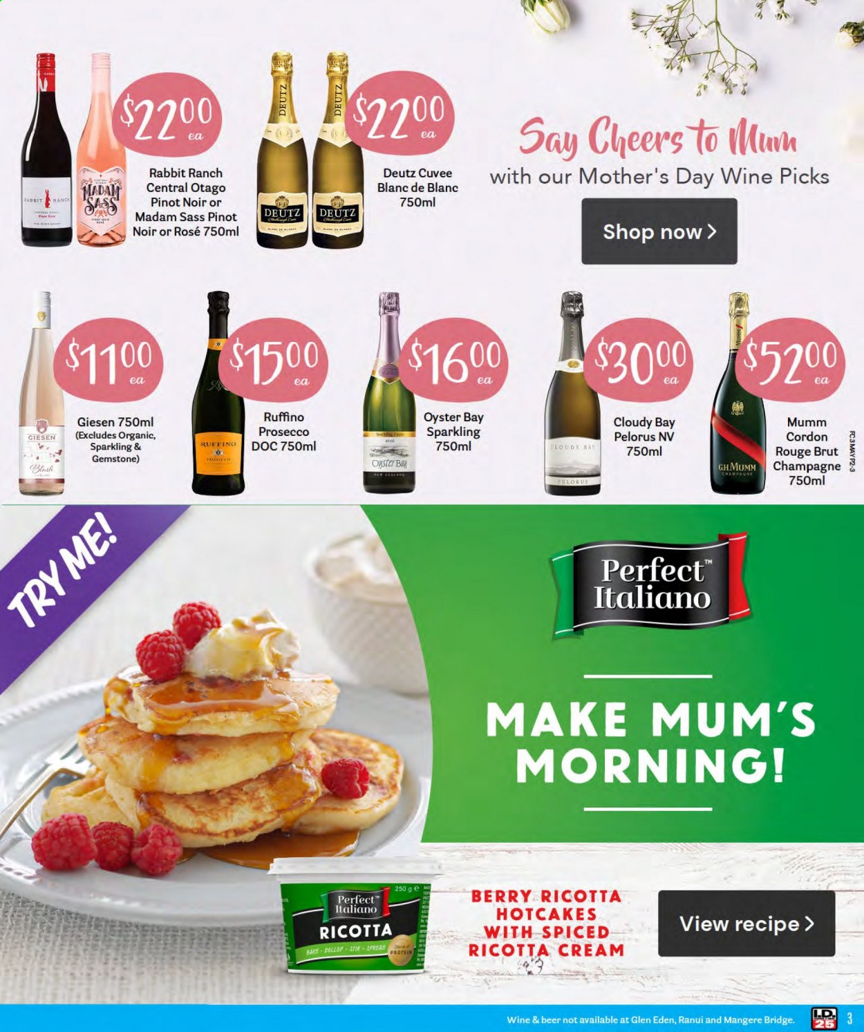 thumbnail - Fresh Choice mailer - 03.05.2021 - 09.05.2021 - Sales products - oysters, ricotta, rabbit, champagne, prosecco, wine, Pinot Noir, Cuvée, Rabbit Ranch, rosé wine, beer, Mum, Brut. Page 3.