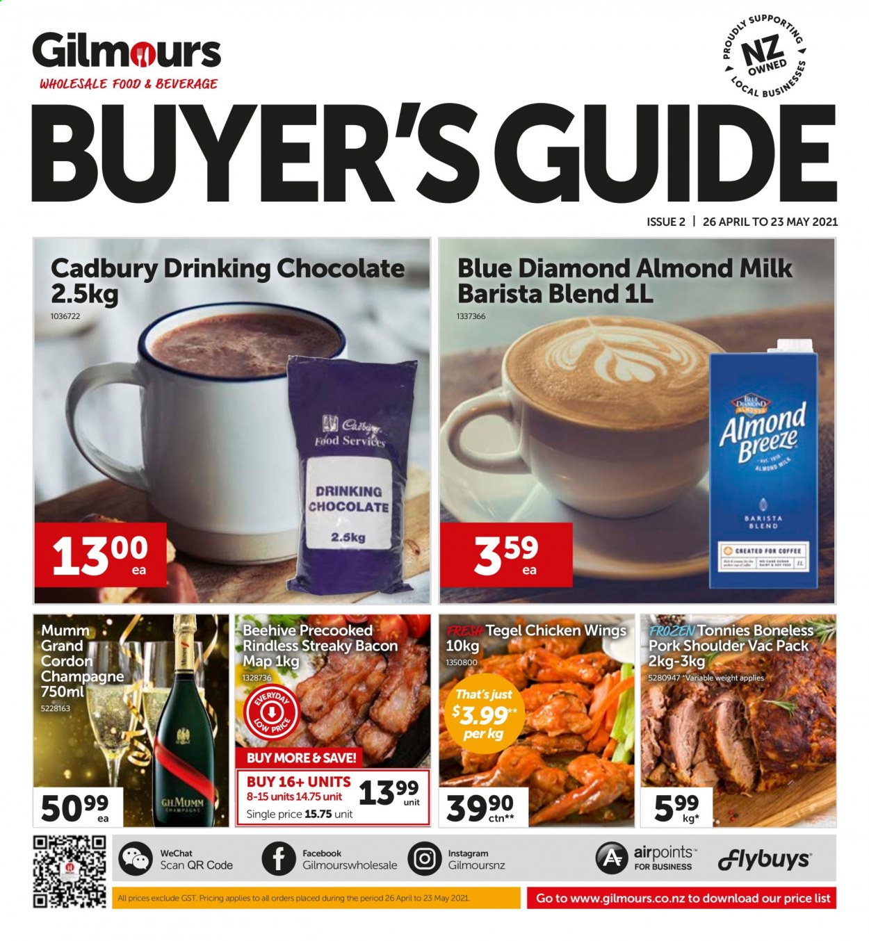 thumbnail - Gilmours mailer - 26.04.2021 - 23.05.2021 - Sales products - bacon, streaky bacon, almond milk, Almond Breeze, chicken wings, chocolate, Cadbury, Blue Diamond, hot chocolate, champagne, pork meat, pork shoulder. Page 1.