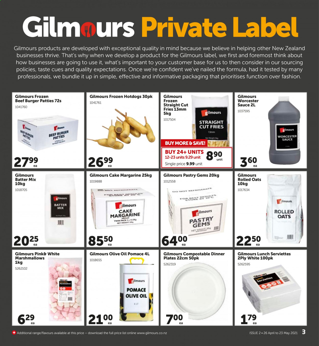 thumbnail - Gilmours mailer - 26.04.2021 - 23.05.2021 - Sales products - cake, hamburger, sauce, beef burger, margarine, potato fries, marshmallows, oats, rolled oats, olive oil, oil, burger patties. Page 3.