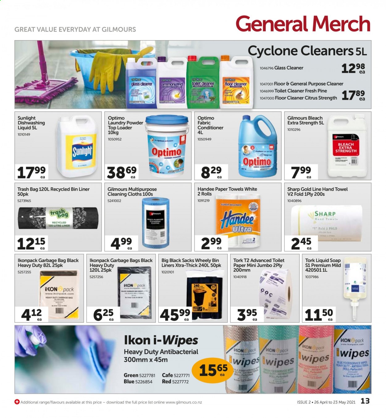 thumbnail - Gilmours mailer - 26.04.2021 - 23.05.2021 - Sales products - wipes, toilet paper, Handee, kitchen towels, paper towels, cleaner, bleach, floor cleaner, toilet cleaner, glass cleaner, laundry powder, Sunlight, XTRA, dishwashing liquid. Page 13.