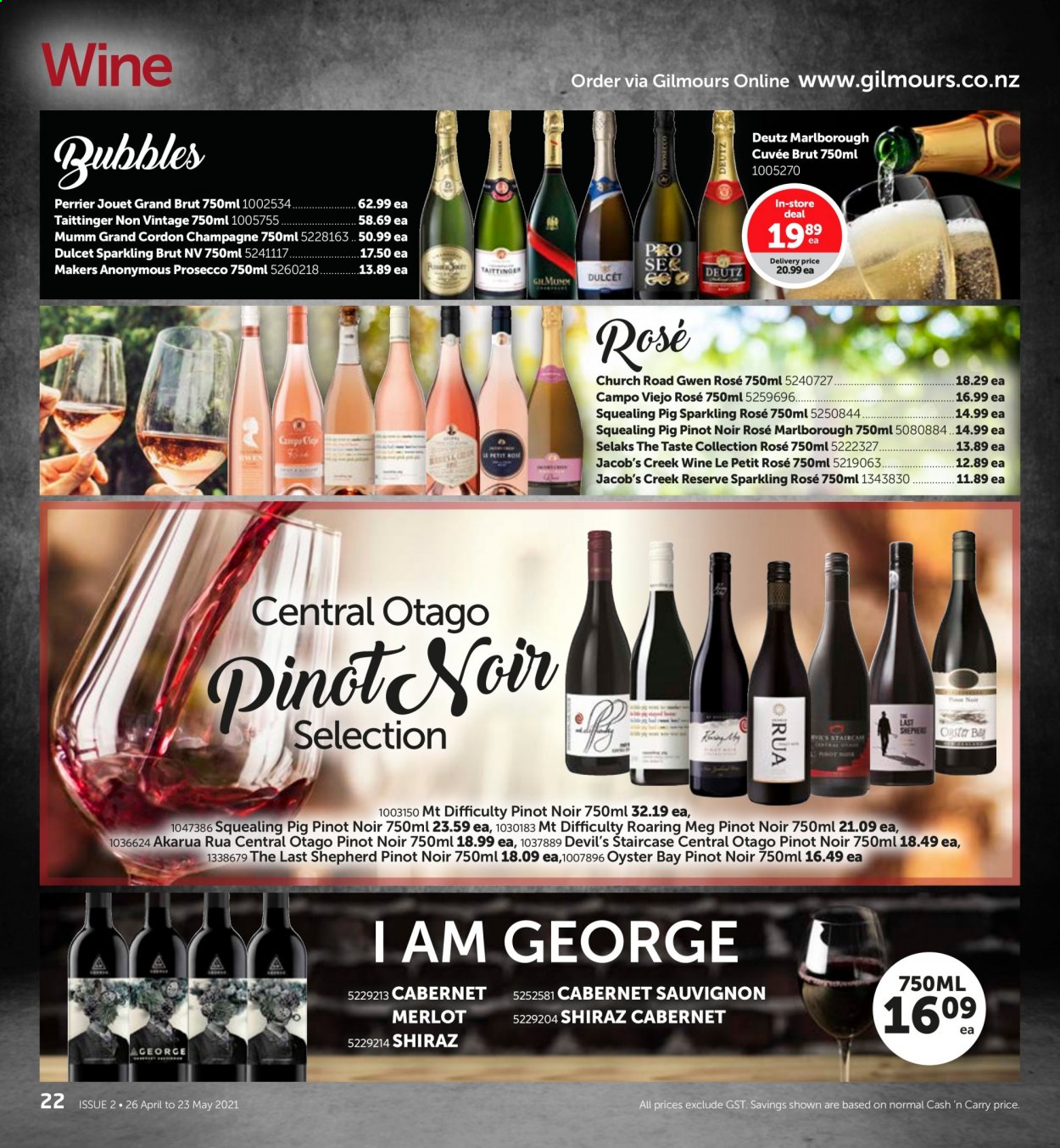 thumbnail - Gilmours mailer - 26.04.2021 - 23.05.2021 - Sales products - oysters, Perrier, Cabernet Sauvignon, red wine, sparkling wine, champagne, prosecco, wine, Merlot, Pinot Noir, Cuvée, Campo Viejo, Jacob's Creek, Shiraz, rosé wine. Page 22.