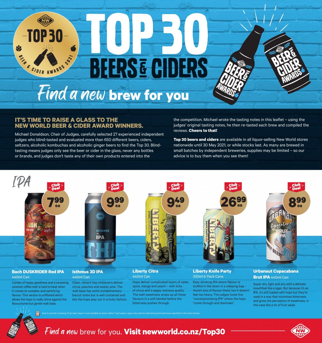 thumbnail - New World mailer - 03.05.2021 - 09.05.2021 - Sales products - wraps, ginger, mango, peaches, toffee, biscuit, malt, fruit salad, spice, caramel, cider, Lager, IPA, Brut. Page 1.