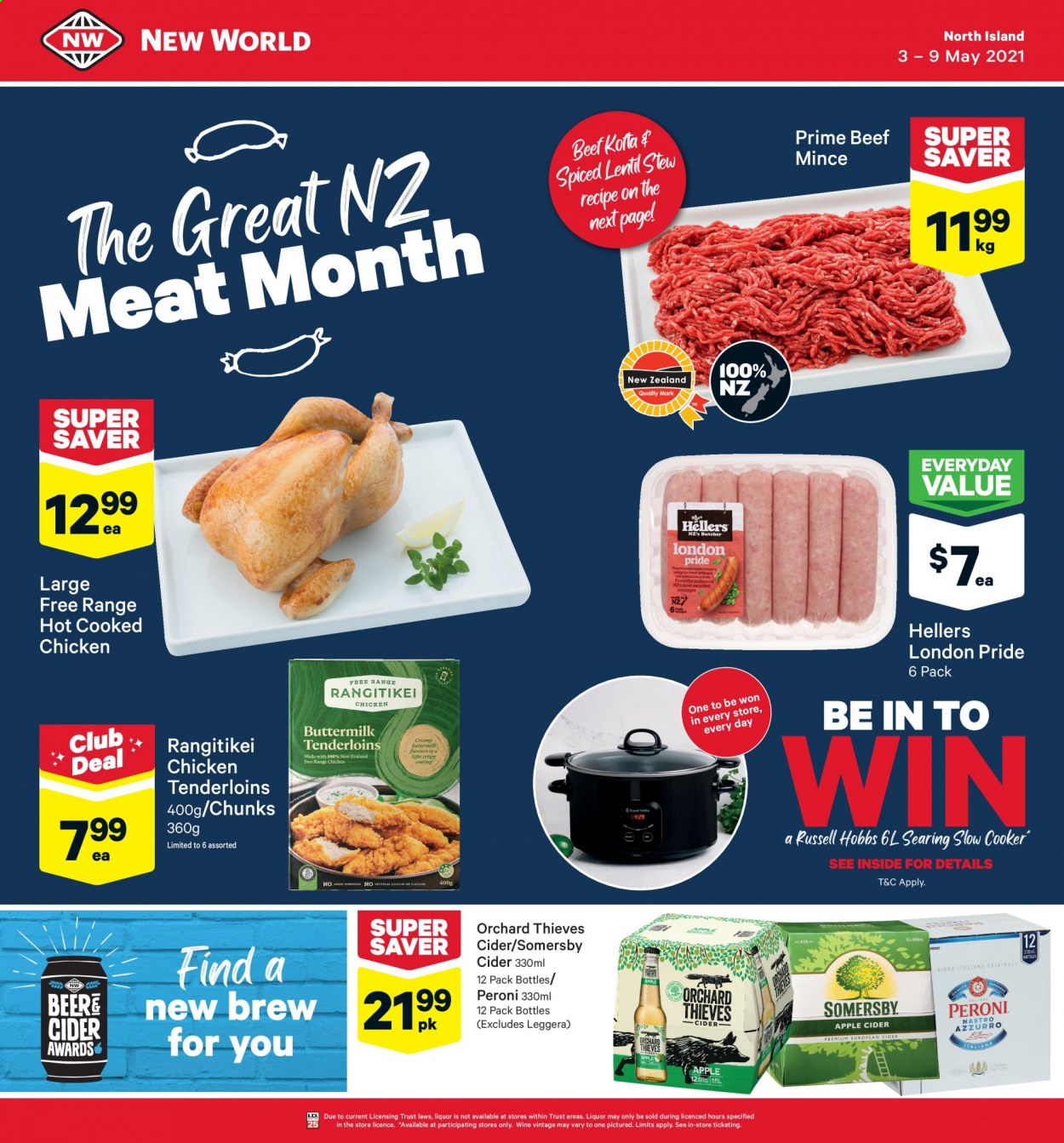 thumbnail - New World mailer - 03.05.2021 - 09.05.2021 - Sales products - wine, cider, Peroni, beef meat, ground beef, kofta. Page 1.