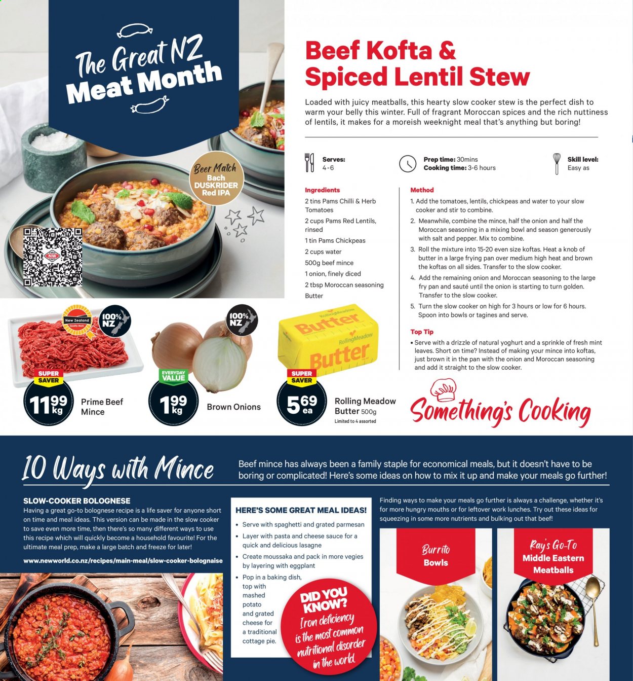 thumbnail - New World mailer - 03.05.2021 - 09.05.2021 - Sales products - spaghetti, meatballs, burrito, parmesan, grated cheese, yoghurt, butter, lentils, chickpeas, red lentils, pepper, spice, beer, IPA, beef meat, kofta. Page 2.