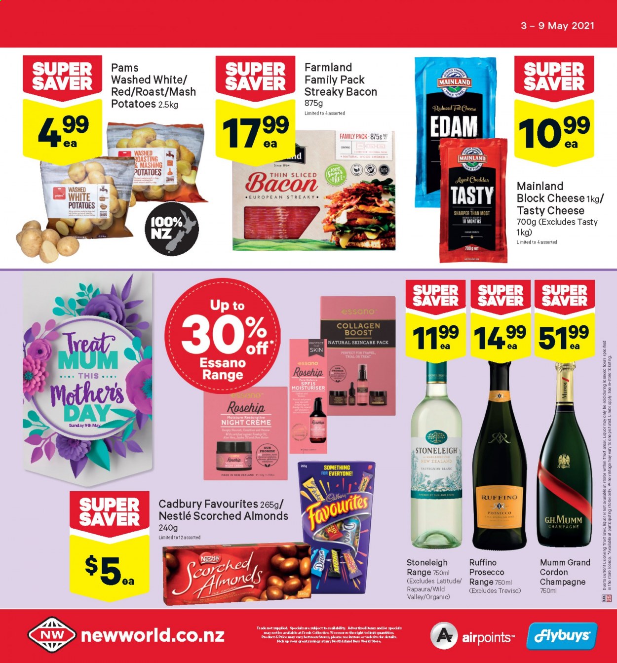 thumbnail - New World mailer - 03.05.2021 - 09.05.2021 - Sales products - bacon, streaky bacon, edam cheese, cheddar, cheese, milk, Nestlé, Cadbury, Scorched Almonds, Boost, sparkling wine, white wine, champagne, prosecco, wine, Sauvignon Blanc, Essano, Mum. Page 40.