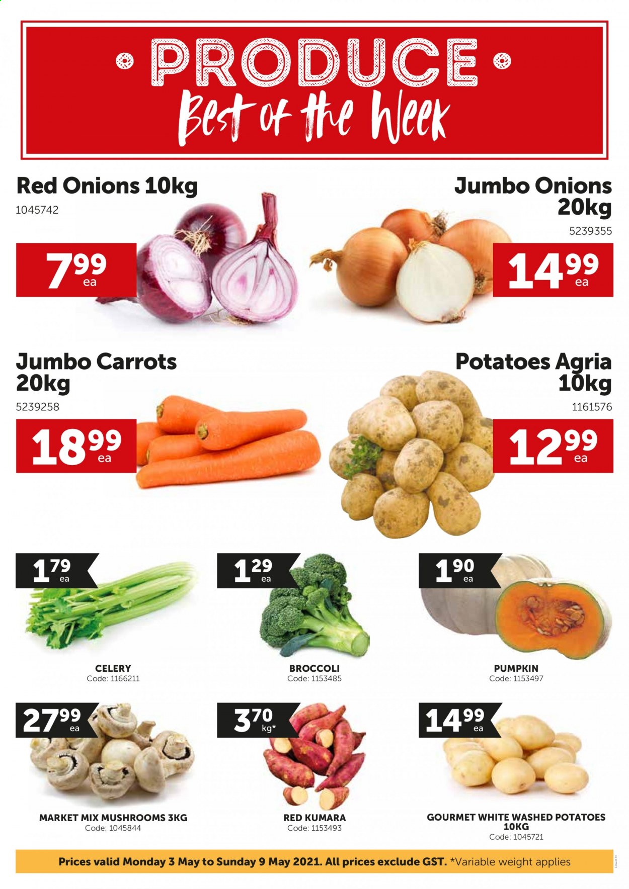 thumbnail - Gilmours mailer - 03.05.2021 - 09.05.2021 - Sales products - mushrooms, broccoli, carrots, celery, red onions, potatoes, pumpkin, onion. Page 1.