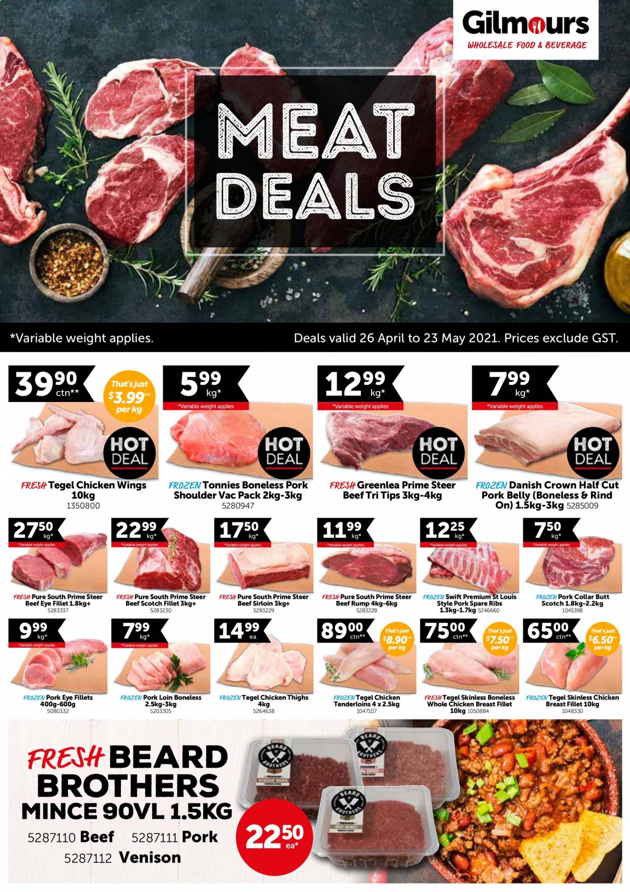 thumbnail - Gilmours mailer - 26.04.2021 - 23.05.2021 - Sales products - chicken wings, BROTHERS, whole chicken, chicken thighs, chicken breasts, beef meat, beef sirloin, beef tenderloin, eye of round, pork belly, pork loin, pork meat, pork ribs, pork shoulder, pork spare ribs, venison meat. Page 1.