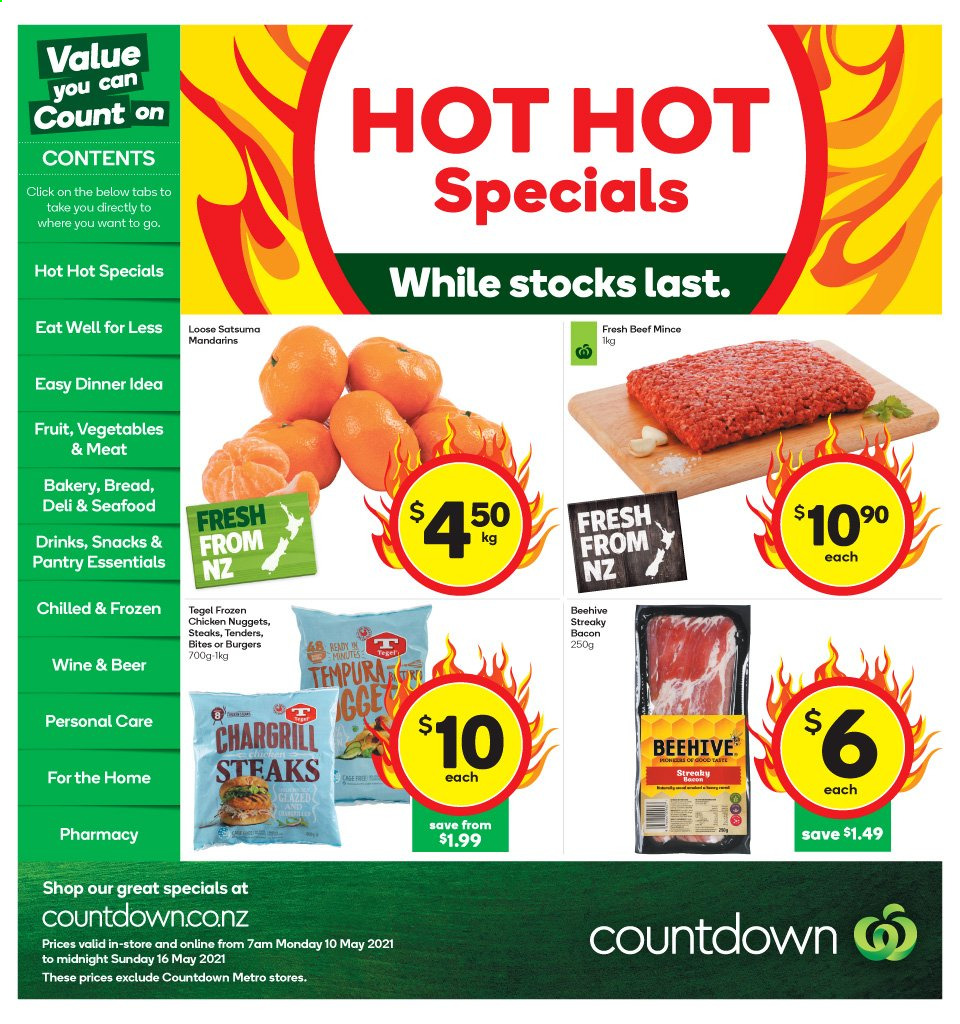 thumbnail - Countdown mailer - 10.05.2021 - 16.05.2021 - Sales products - mandarines, nuggets, chicken nuggets, bacon, streaky bacon, snack, wine, beer, beef meat, ground beef, steak. Page 1.