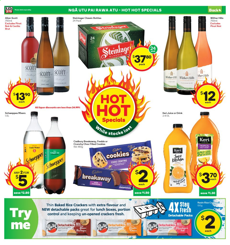 thumbnail - Countdown mailer - 10.05.2021 - 16.05.2021 - Sales products - Scott, cheese, cookies, milk chocolate, chocolate, crackers, Cadbury, rice crackers, ginger ale, Schweppes, juice, tonic, red wine, wine, Pinot Noir, Wither Hills, Steinlager, Keri, Brut, Hill's. Page 3.