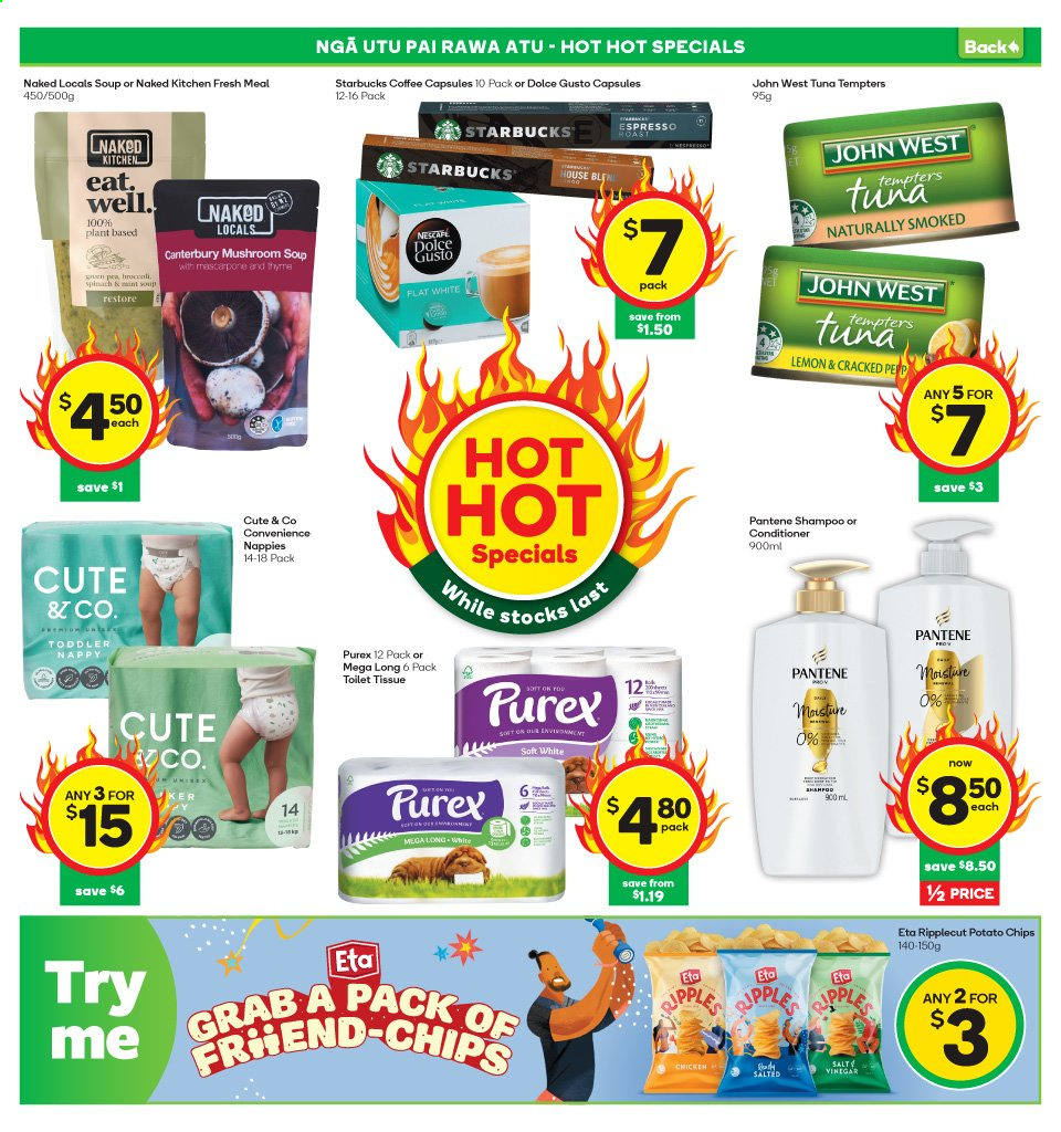 thumbnail - Countdown mailer - 10.05.2021 - 16.05.2021 - Sales products - Canterbury, tuna, mushroom soup, soup, potato chips, chips, coffee, Nescafé, Dolce Gusto, coffee capsules, Starbucks, nappies, toilet paper, Purex, shampoo, conditioner, Pantene. Page 4.