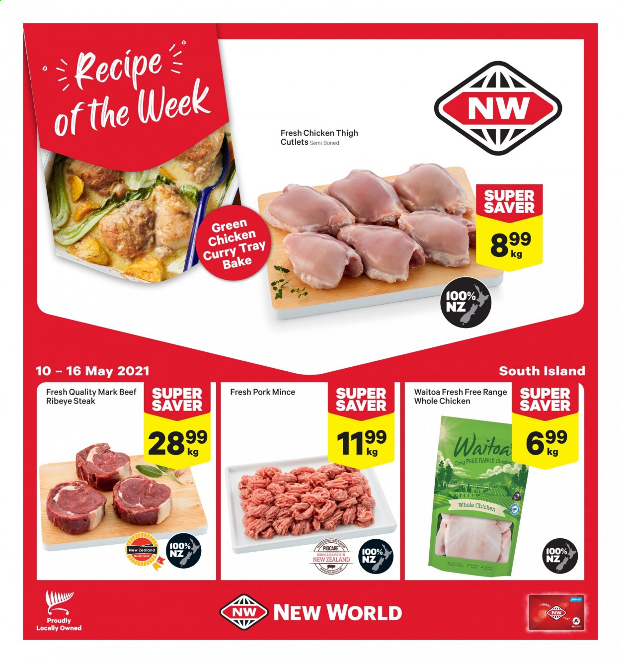 thumbnail - New World mailer - 10.05.2021 - 16.05.2021 - Sales products - whole chicken, beef meat, beef steak, steak, ribeye steak, ground pork, pork meat. Page 1.