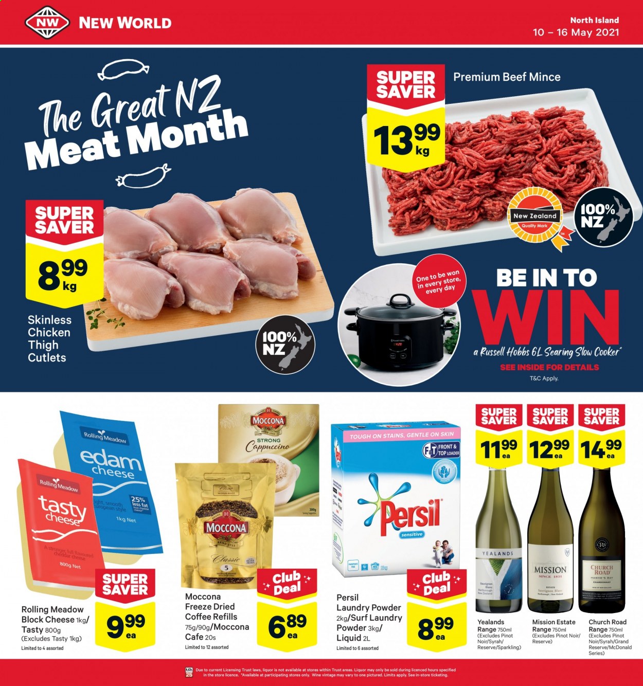 thumbnail - New World mailer - 10.05.2021 - 16.05.2021 - Sales products - cheese, coffee, Moccona, red wine, wine, Pinot Noir, Syrah, beef meat, ground beef. Page 1.