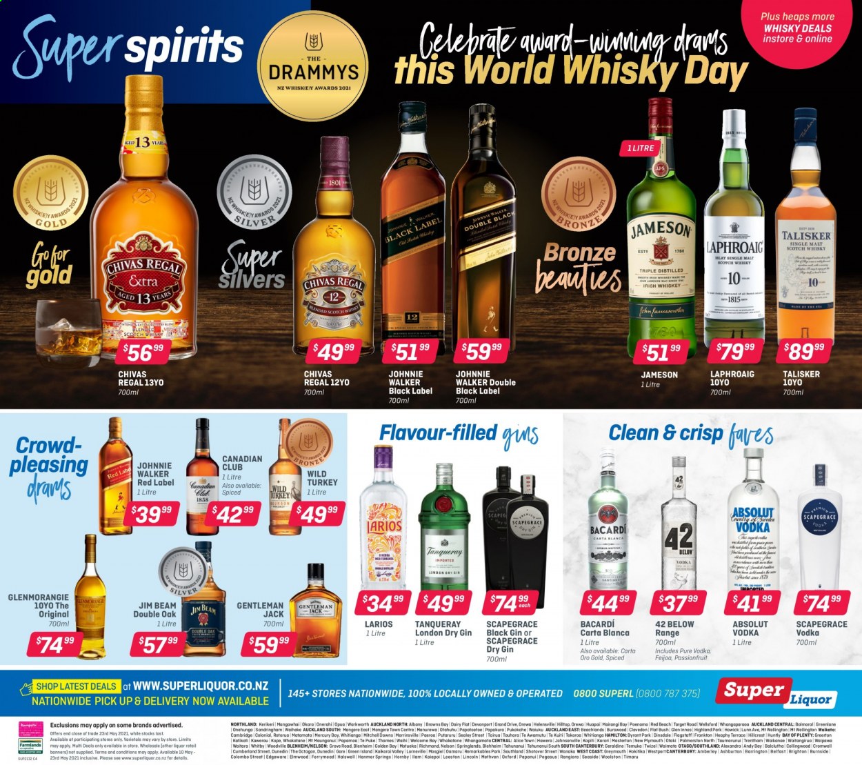 Super Liquor mailer - 10.05.2021 - 23.05.2021 - Sales products - Bacardi, gin, vodka, Jameson, liquor, Johnny Walker, Absolut, Chivas Regal, Jim Beam, whisky. Page 6.