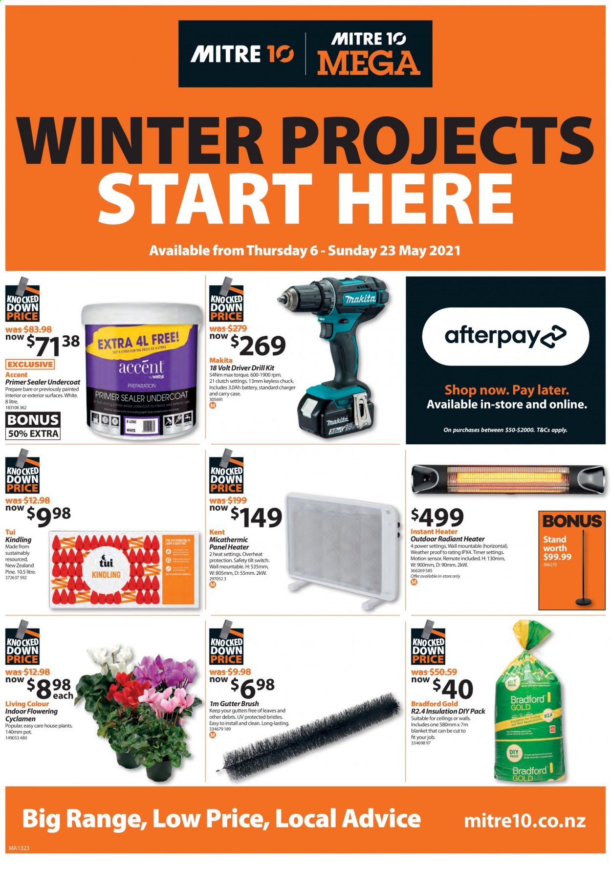 thumbnail - Mitre 10 mailer - 06.05.2021 - 23.05.2021 - Sales products - switch, timer, heater, drill, Makita, blanket, brush. Page 1.
