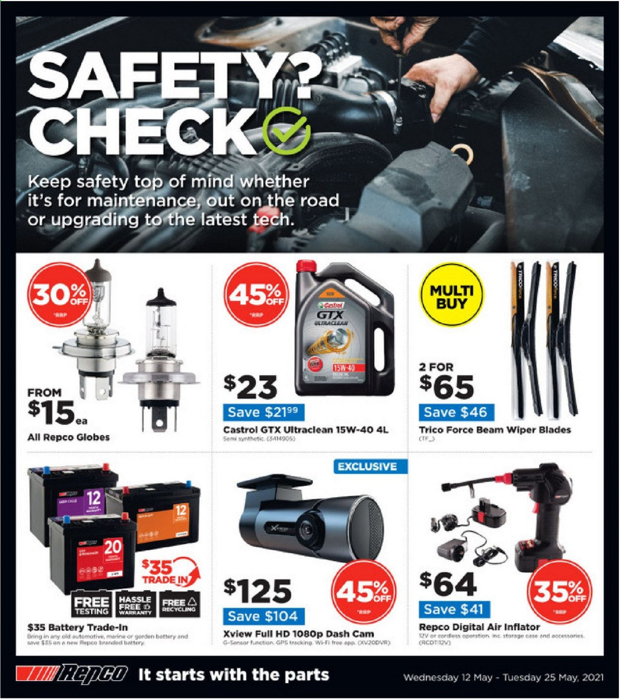 thumbnail - Repco mailer - 12.05.2021 - 25.05.2021 - Sales products - dashboard camera, wiper blades, Castrol. Page 1.
