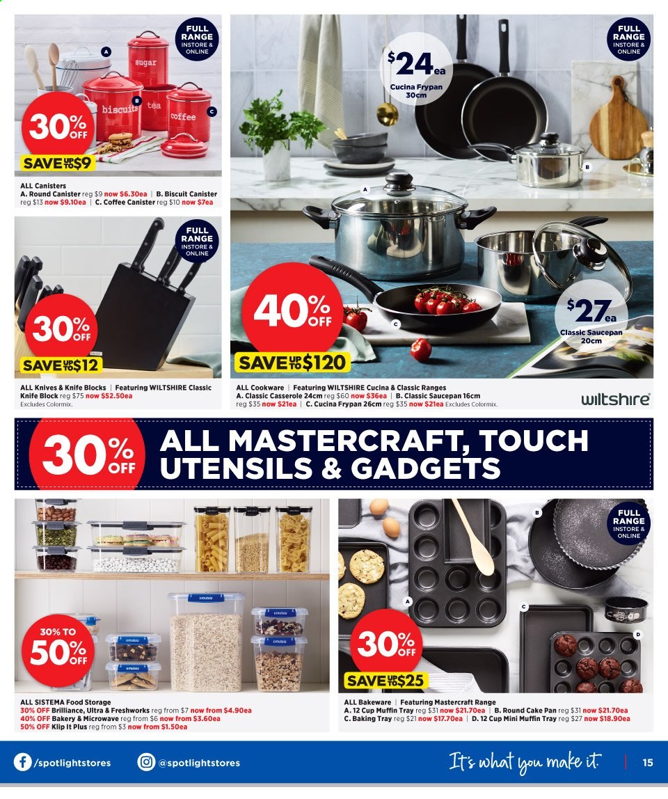 thumbnail - Spotlight mailer - 12.05.2021 - 30.05.2021 - Sales products - cookware set, knife, utensils, pan, casserole, canister, knife block, baking tray, cake pan, cup, saucepan, bakeware, frying pan. Page 15.