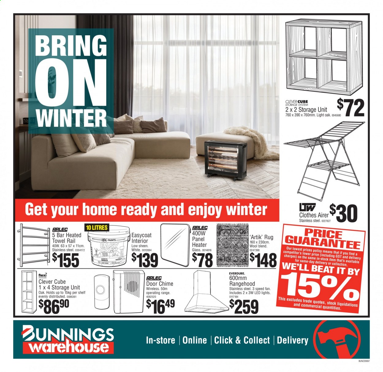thumbnail - Bunnings Warehouse mailer - 14.05.2021 - 06.06.2021 - Sales products - airer, LED light, heater, rug, door. Page 1.