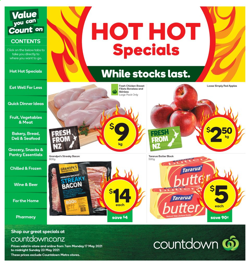 thumbnail - Countdown mailer - 17.05.2021 - 23.05.2021 - Sales products - apples, bacon, streaky bacon, butter, snack, wine, beer, chicken breasts. Page 1.