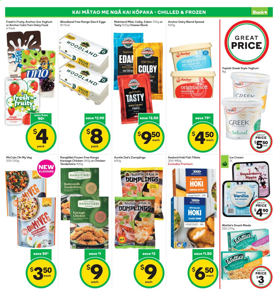 thumbnail - Countdown mailer - 17.05.2021 - 23.05.2021 - Sales products - fish fillets, fish, Sealord, hoki fish, dumplings, Wattie's, Colby cheese, edam cheese, cheese, yoghurt, Fresh'n Fruity, Yoplait, buttermilk, dairy blend, eggs, Anchor, ice cream, McCain, snack. Page 14.