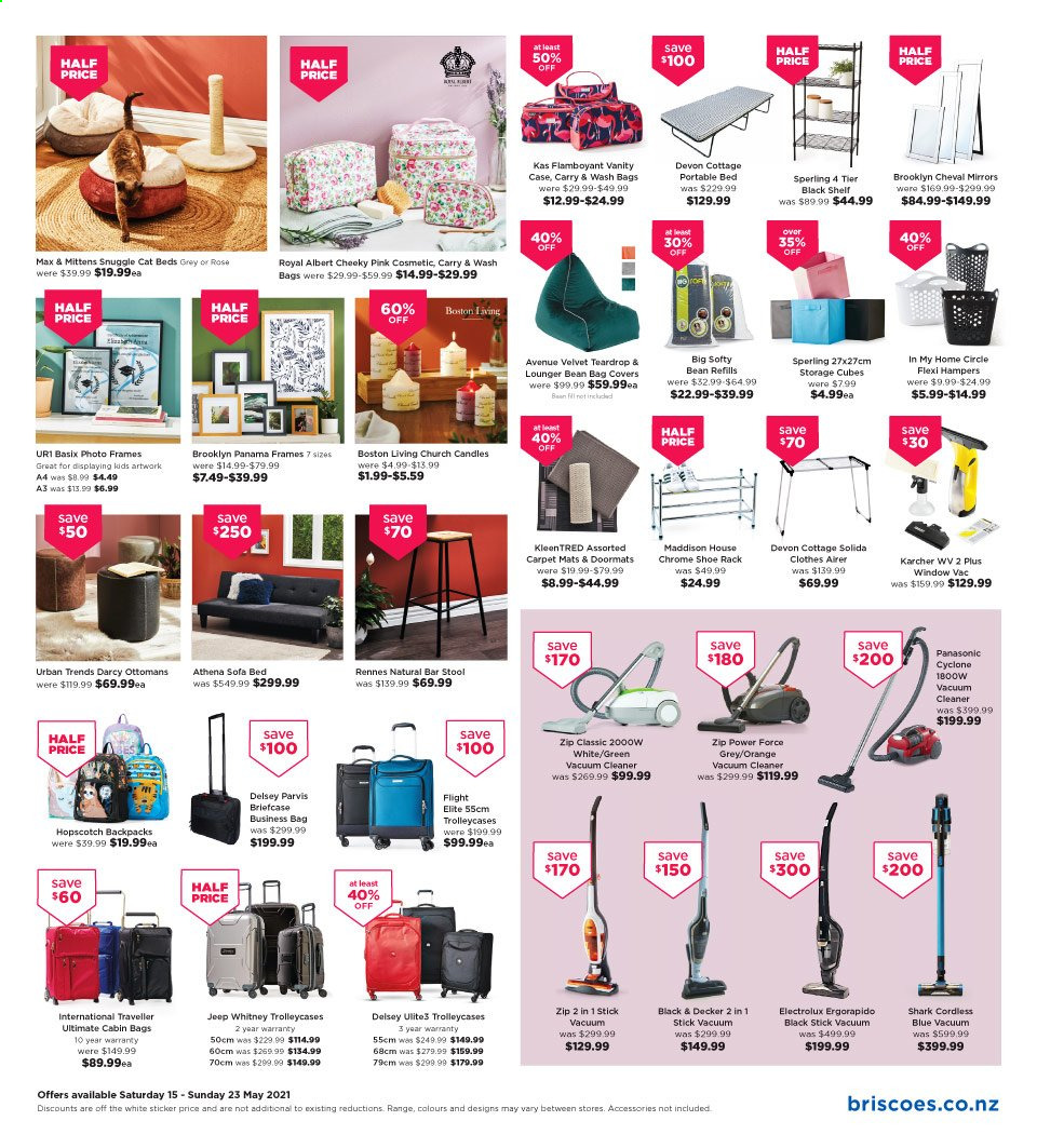 thumbnail - Briscoes mailer - 15.05.2021 - 23.05.2021 - Sales products - stool, bar stool, sofa, sofa bed, bean bag, shelves, bed, vanity, shoe rack, mirror, Panasonic, candle, Electrolux, vacuum cleaner, Black & Decker. Page 5.