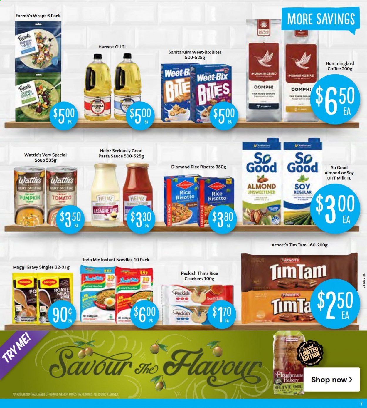 thumbnail - Fresh Choice mailer - 17.05.2021 - 23.05.2021 - Sales products - wraps, spinach, pumpkin, risotto, pasta sauce, soup, instant noodles, sauce, noodles, Wattie's, milk, crackers, Tim Tam, Thins, Maggi, Heinz, Weet-Bix, rice, oil, coffee. Page 7.