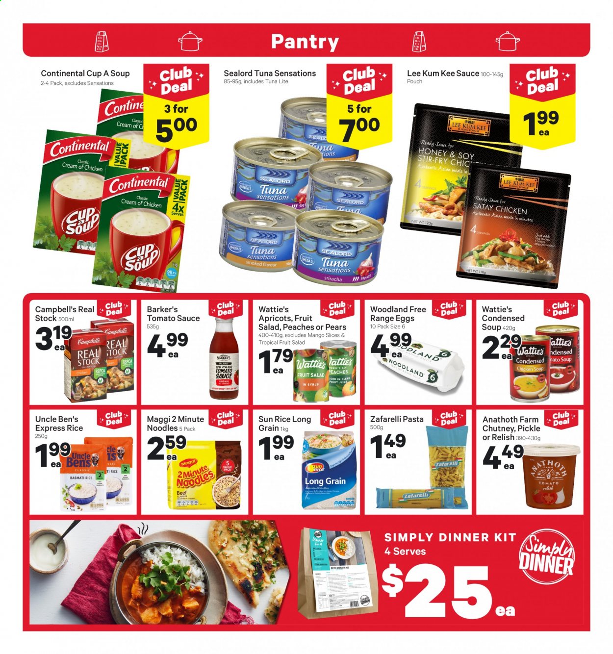thumbnail - New World mailer - 17.05.2021 - 23.05.2021 - Sales products - mango, pears, apricots, peaches, tuna, Sealord, Campbell's, chicken soup, condensed soup, soup, pasta, dinner kit, noodles, Wattie's, instant soup, Continental, eggs, butter, Maggi, tomato sauce, Uncle Ben's, sealord tuna, fruit salad, basmati rice, rice, white rice, sriracha, Lee Kum Kee, chutney, honey, juice, fruit juice, Omega-3. Page 11.