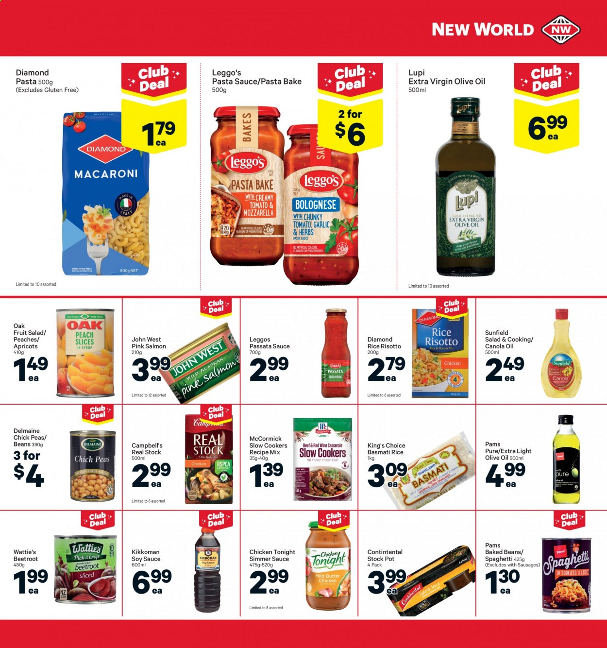 thumbnail - New World mailer - 17.05.2021 - 23.05.2021 - Sales products - beans, apricots, peaches, salmon, Campbell's, risotto, spaghetti, pasta sauce, sauce, Wattie's, Delmaine, sausage, baked beans, fruit salad, basmati rice, rice, soy sauce, Kikkoman, stockpot, canola oil, extra virgin olive oil, olive oil, oil. Page 17.