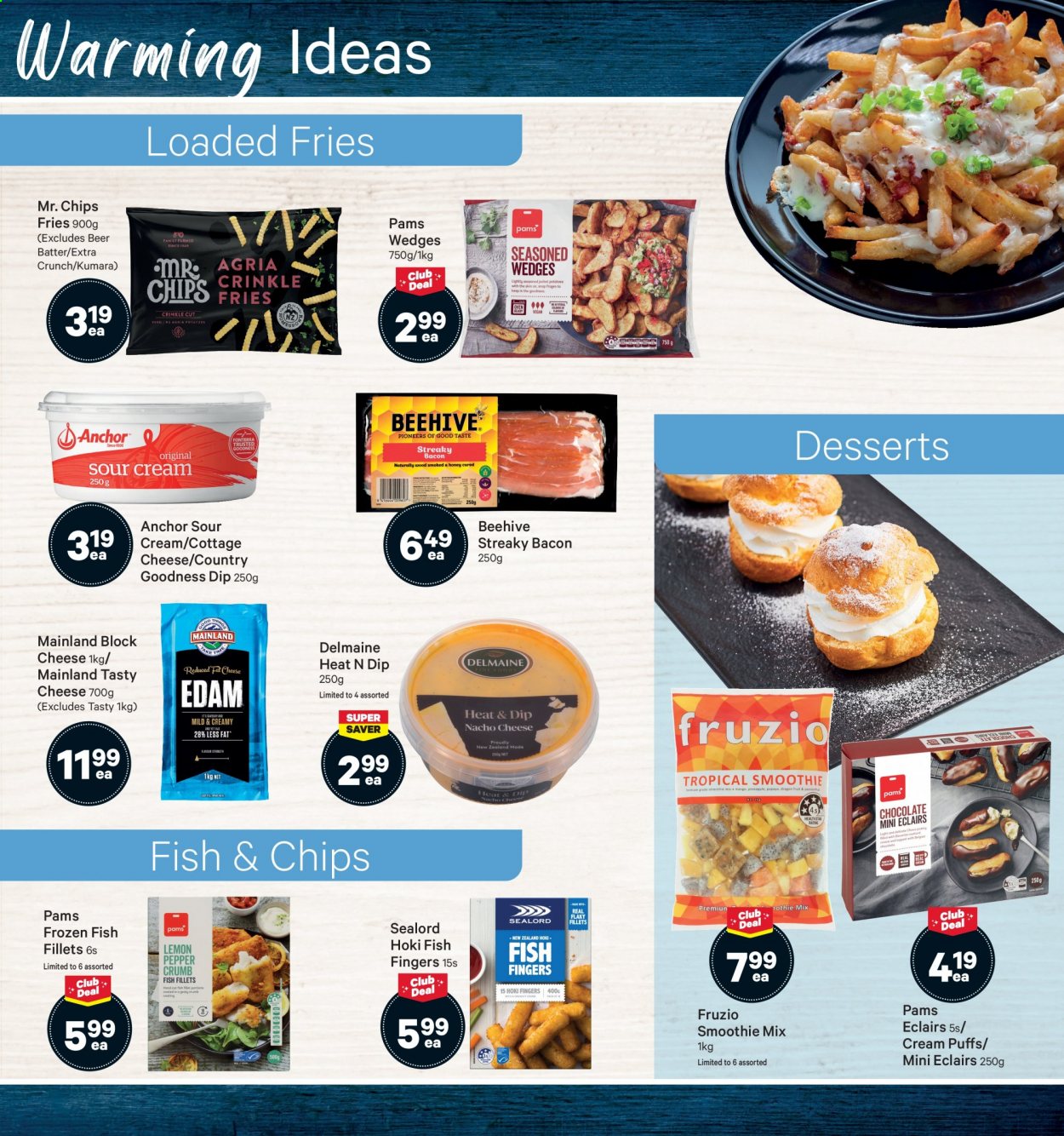 thumbnail - New World mailer - 17.05.2021 - 23.05.2021 - Sales products - puffs, cream puffs, pineapple, papaya, fish fillets, fish, Sealord, hoki fish, Delmaine, bacon, streaky bacon, cottage cheese, edam cheese, cheese, Anchor, sour cream, dip, potato fries, crinkle fries, honey, smoothie, tea, beer. Page 19.