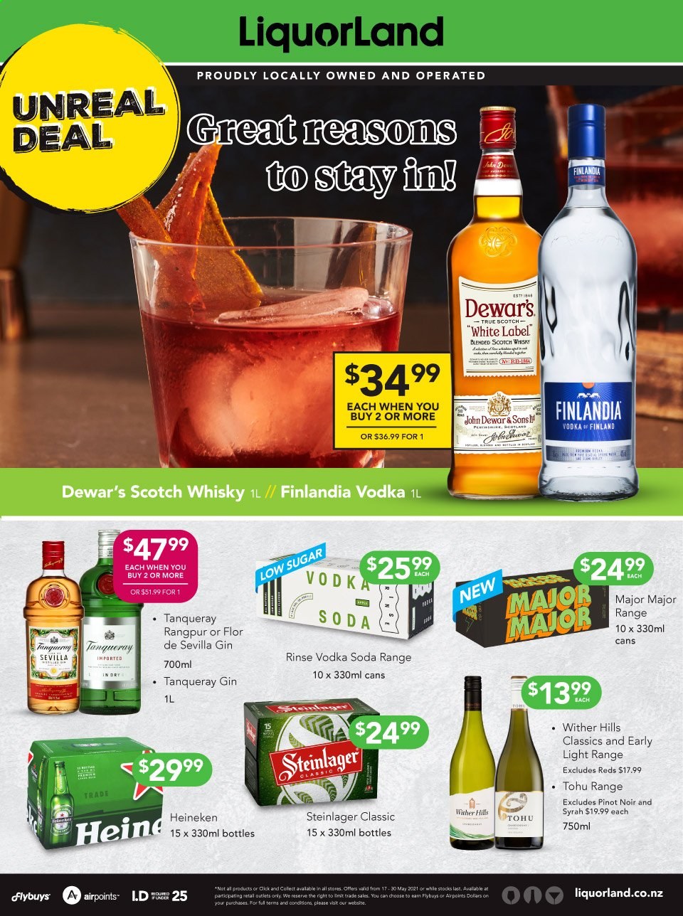 thumbnail - Liquorland mailer - 17.05.2021 - 30.05.2021 - Sales products - soda, red wine, wine, Pinot Noir, Wither Hills, Syrah, gin, vodka, scotch whisky, whisky, beer, Heineken, Steinlager. Page 1.