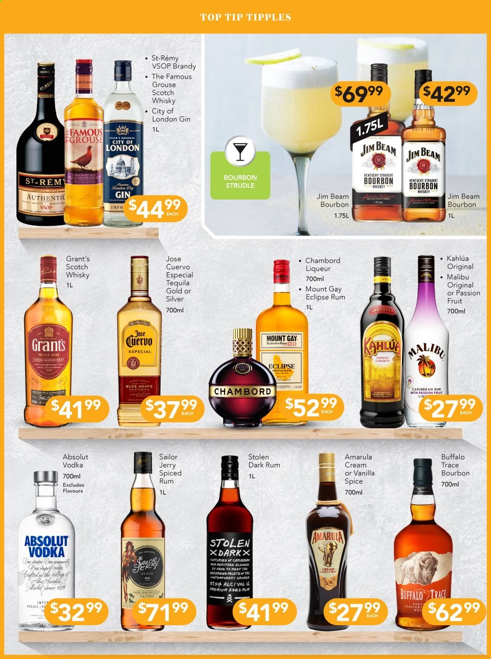 thumbnail - Liquorland mailer - 17.05.2021 - 30.05.2021 - Sales products - Kahlúa, bourbon, brandy, gin, liqueur, rum, tequila, vodka, whiskey, Grant's, Absolut, Amarula, Malibu, The Famous Grouse, Jim Beam, bourbon whiskey, scotch whisky, whisky. Page 4.