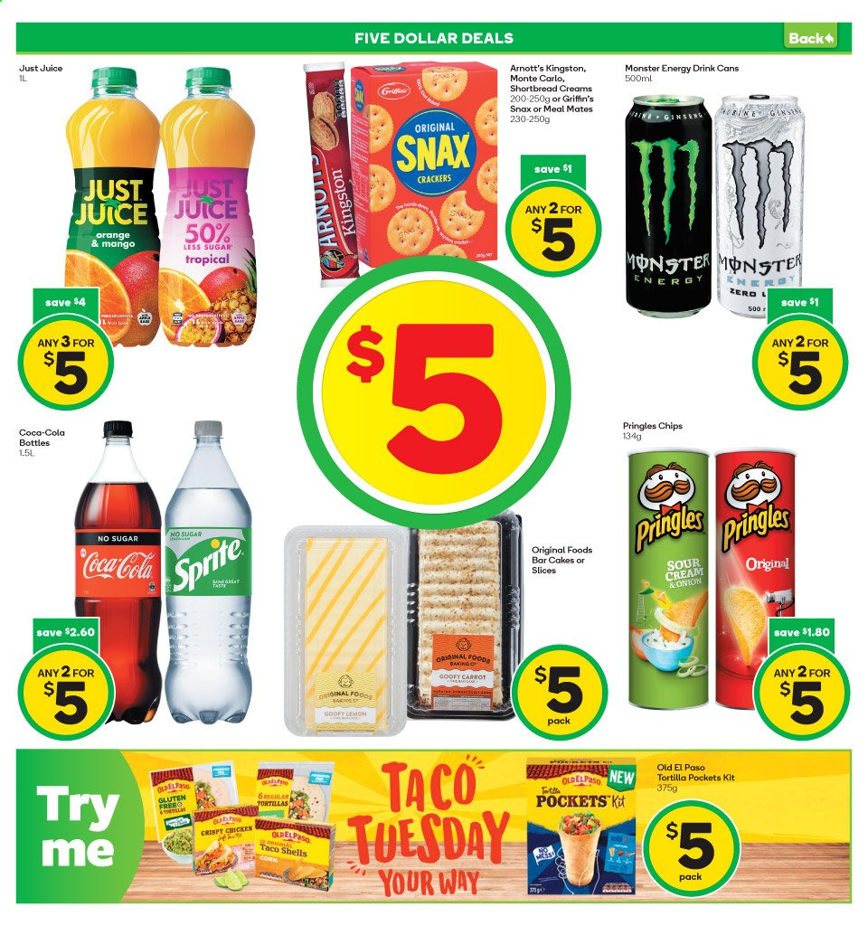 thumbnail - Countdown mailer - 24.05.2021 - 30.05.2021 - Sales products - Old El Paso, cake, tortillas, oranges, sour cream, Griffin's, crackers, Pringles, chips, Sprite, Monster Energy, Monster, energy drink, Coca-Cola, juice, ginseng. Page 3.