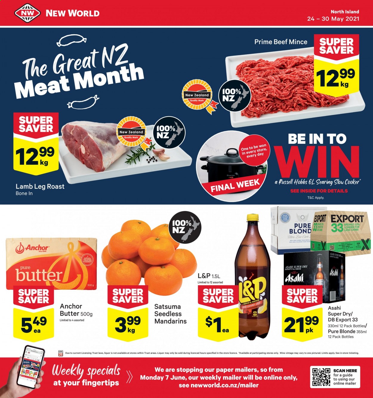 thumbnail - New World mailer - 24.05.2021 - 30.05.2021 - Sales products - mandarines, butter, Anchor, L&P, wine, beef meat, ground beef, lamb meat, lamb leg. Page 1.