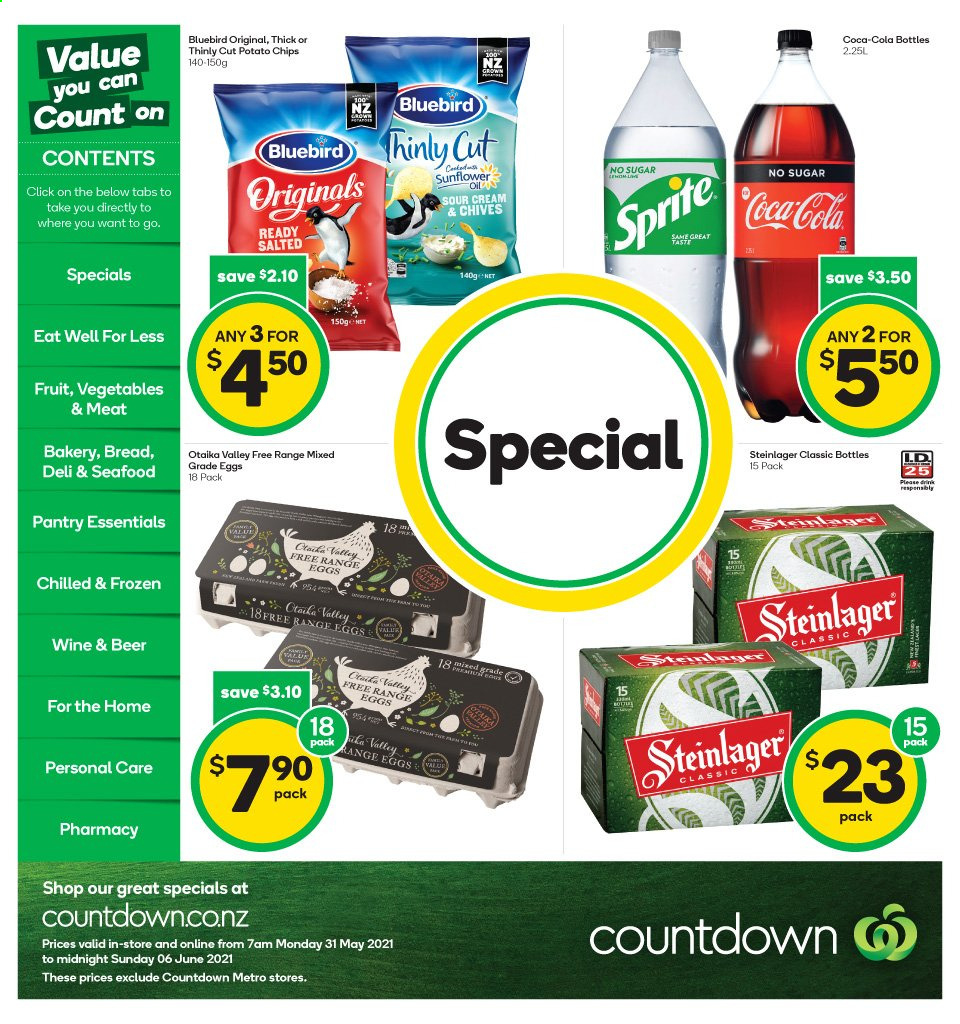 thumbnail - Countdown mailer - 31.05.2021 - 06.06.2021 - Sales products - chives, eggs, potato chips, Bluebird, Coca-Cola, Sprite, wine, beer, Steinlager, sunflower. Page 1.