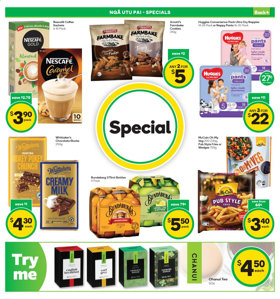 thumbnail - Countdown mailer - 31.05.2021 - 06.06.2021 - Sales products - ginger, McCain, potato fries, cookies, chocolate, Whittaker's, cocoa, Bundaberg, tea, coffee, Nescafé, Huggies, pants, nappies. Page 3.