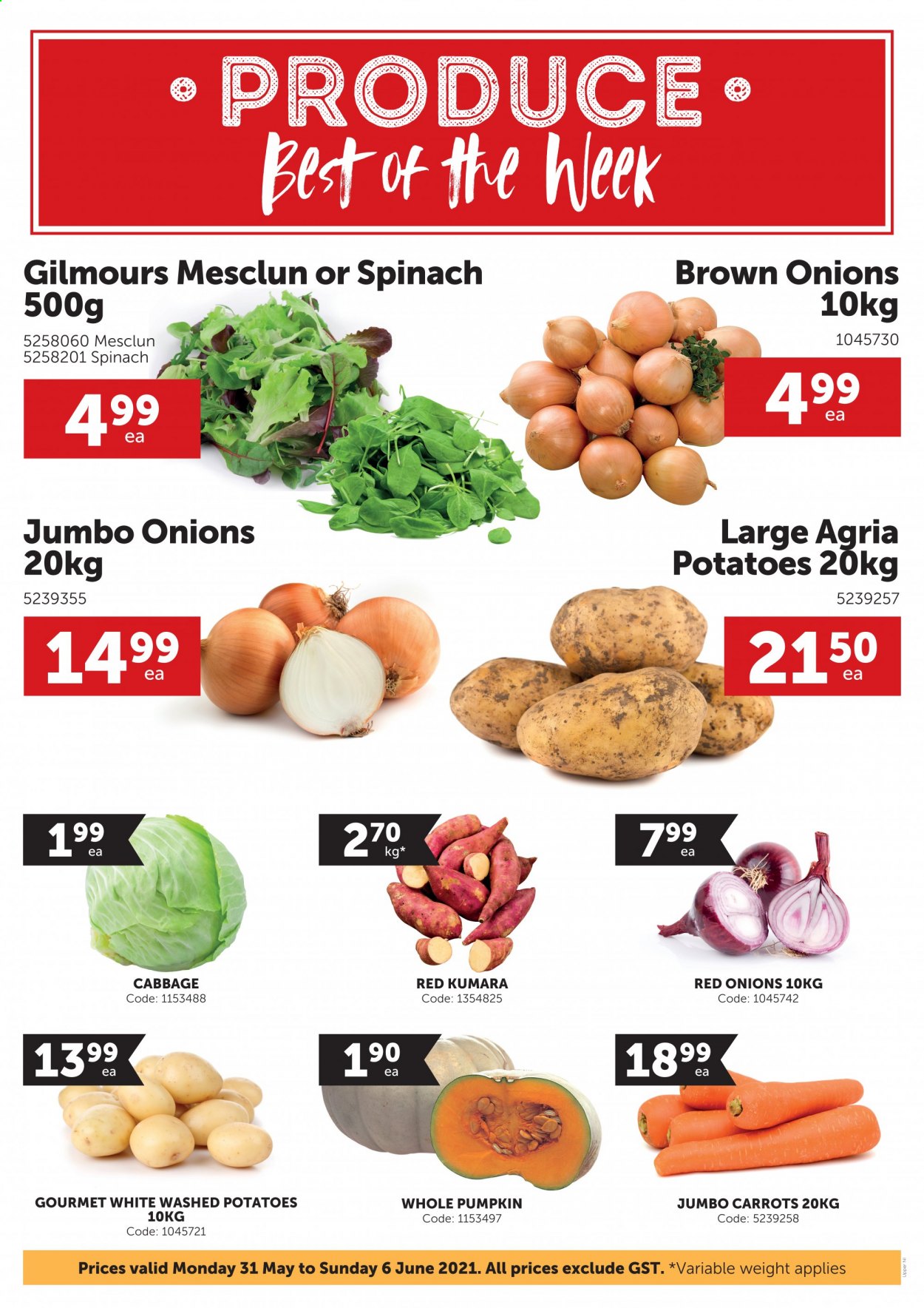 thumbnail - Gilmours mailer - 31.05.2021 - 06.06.2021 - Sales products - cabbage, carrots, red onions, spinach, potatoes, pumpkin, onion, mesclun. Page 1.