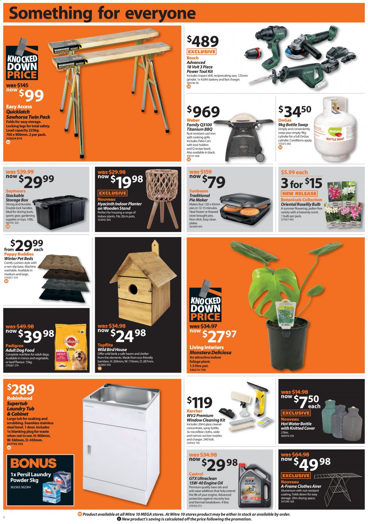 thumbnail - Mitre 10 mailer - 03.06.2021 - 20.06.2021 - Sales products - bulb, cabinet, storage box, Bosch, door, drill, grinder, saw, reciprocating saw, tool set, Kärcher, Weber, hyacinth, cart, cleaner. Page 2.
