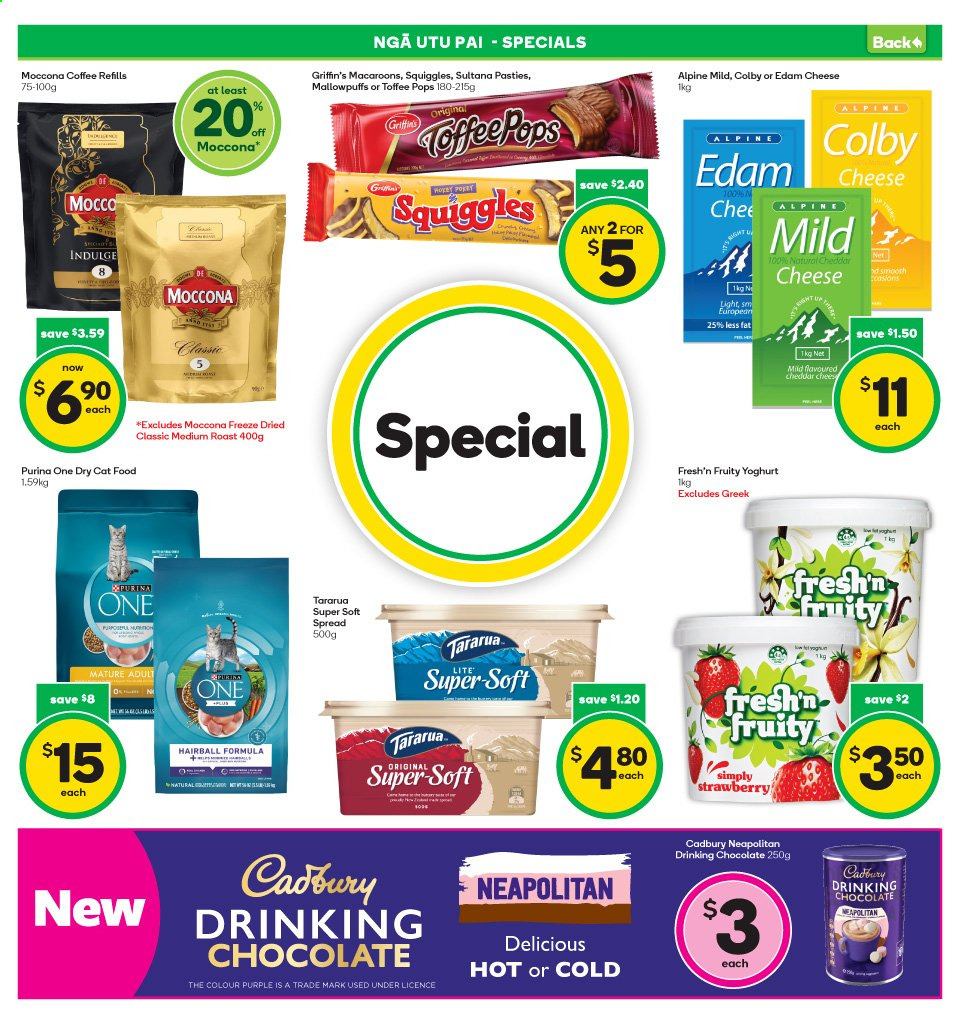 thumbnail - Countdown mailer - 07.06.2021 - 13.06.2021 - Sales products - Colby cheese, edam cheese, cheddar, cheese, yoghurt, Fresh'n Fruity, chocolate, Cadbury, MallowPuffs, hot chocolate, Moccona, animal food, cat food, Purina, dry cat food. Page 4.