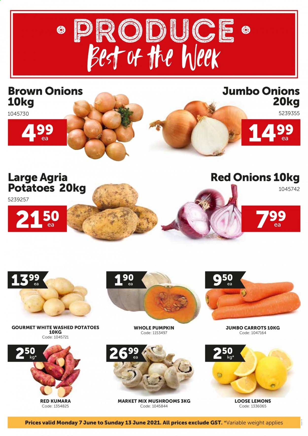 thumbnail - Gilmours mailer - 07.06.2021 - 13.06.2021 - Sales products - mushrooms, carrots, red onions, potatoes, pumpkin, onion, lemons. Page 1.
