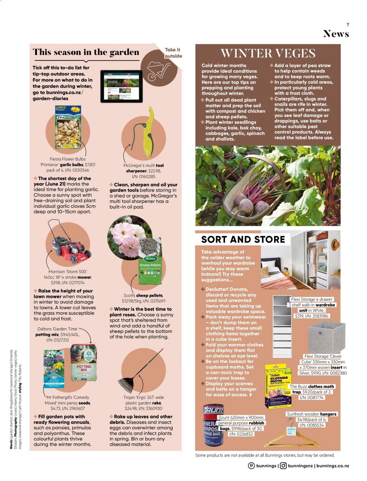 thumbnail - Bunnings Warehouse mailer - Sales products - wardrobe, lawn mower, gardening tools, shed, rose, potting mix, compost. Page 7.