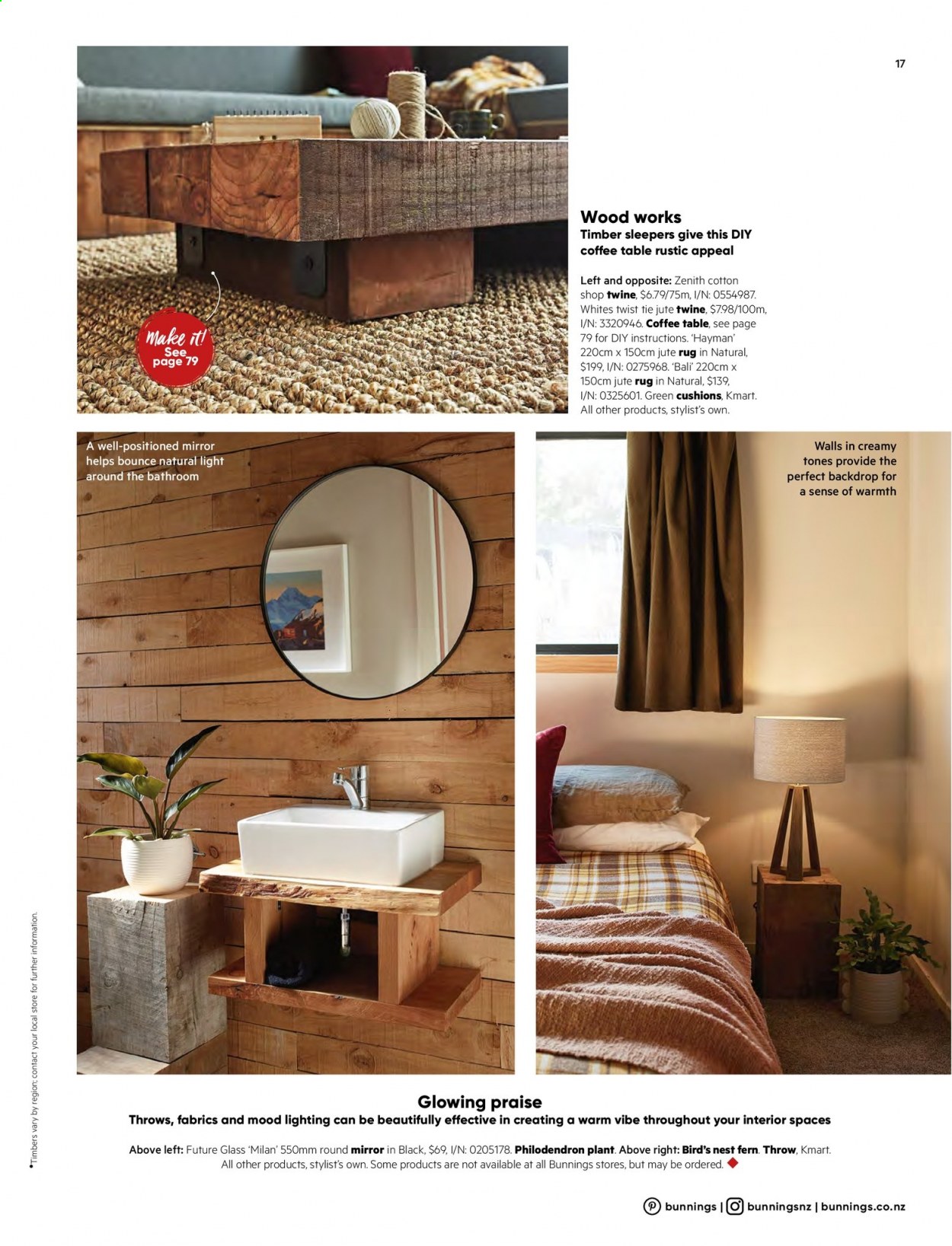 thumbnail - Bunnings Warehouse mailer - Sales products - table, coffee table, cushion, mirror, rug. Page 17.