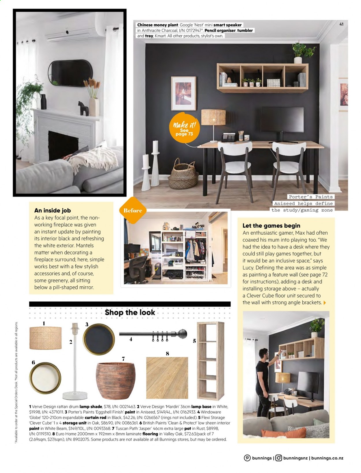 thumbnail - Bunnings Warehouse mailer - Sales products - storage box, mirror, curtain, paint, lamp, fireplace, charcoal, flooring, laminate floor, curtain rod. Page 41.