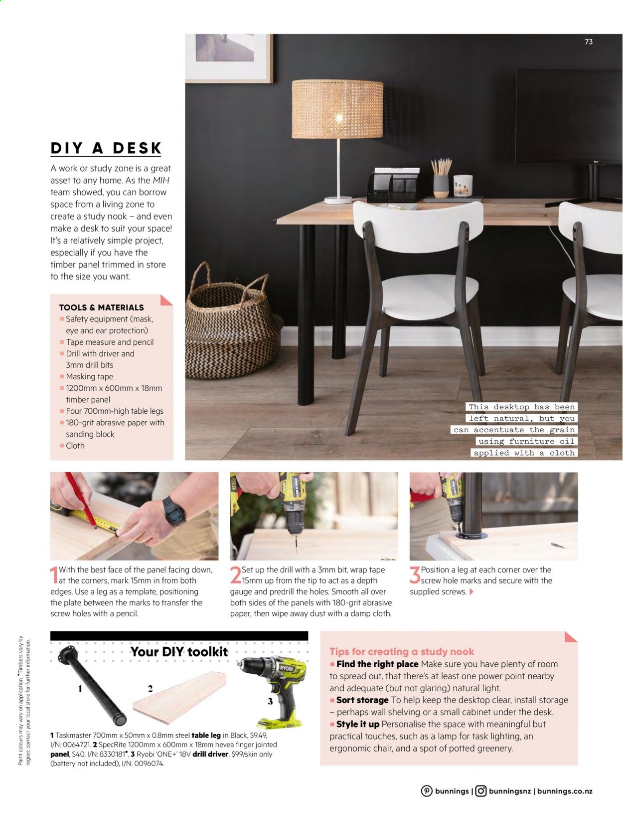 thumbnail - Bunnings Warehouse mailer - Sales products - cabinet, table leg, chair, battery, masking tape, paint, lamp, drill, Ryobi, measuring tape. Page 73.