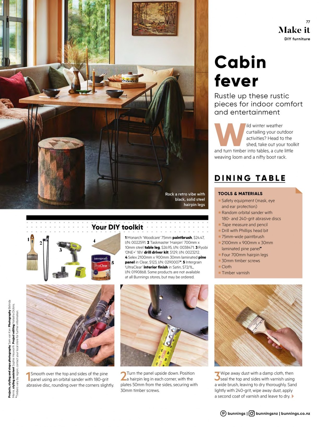 thumbnail - Bunnings Warehouse mailer - Sales products - dining table, table leg, brush, drill, drill driver kit, Ryobi, measuring tape, shed. Page 77.