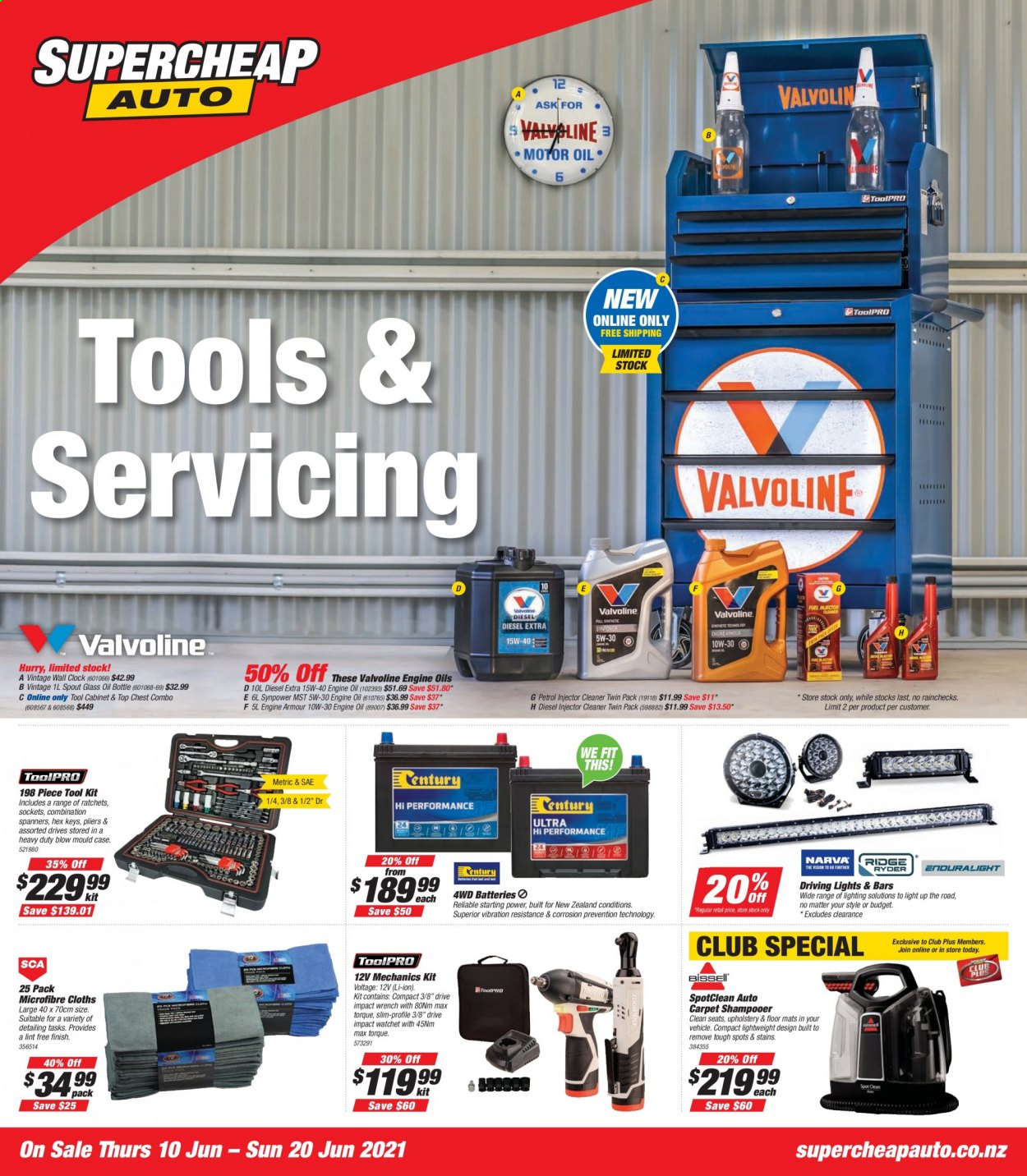 thumbnail - SuperCheap Auto mailer - 10.06.2021 - 20.06.2021 - Sales products - pliers, wrench, tool set, tool cabinets, car floor mats, car battery, driving lights, injector cleaner, cleaner, motor oil, Valvoline, Engine Armour. Page 1.