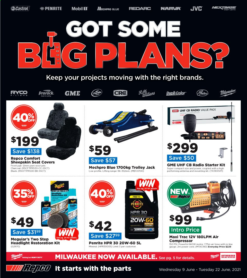 thumbnail - Repco mailer - 09.06.2021 - 22.06.2021 - Sales products - trolley, air hose, Mechpro Blue, Milwaukee, air compressor, car seat cover, Penrite, Mobil. Page 1.