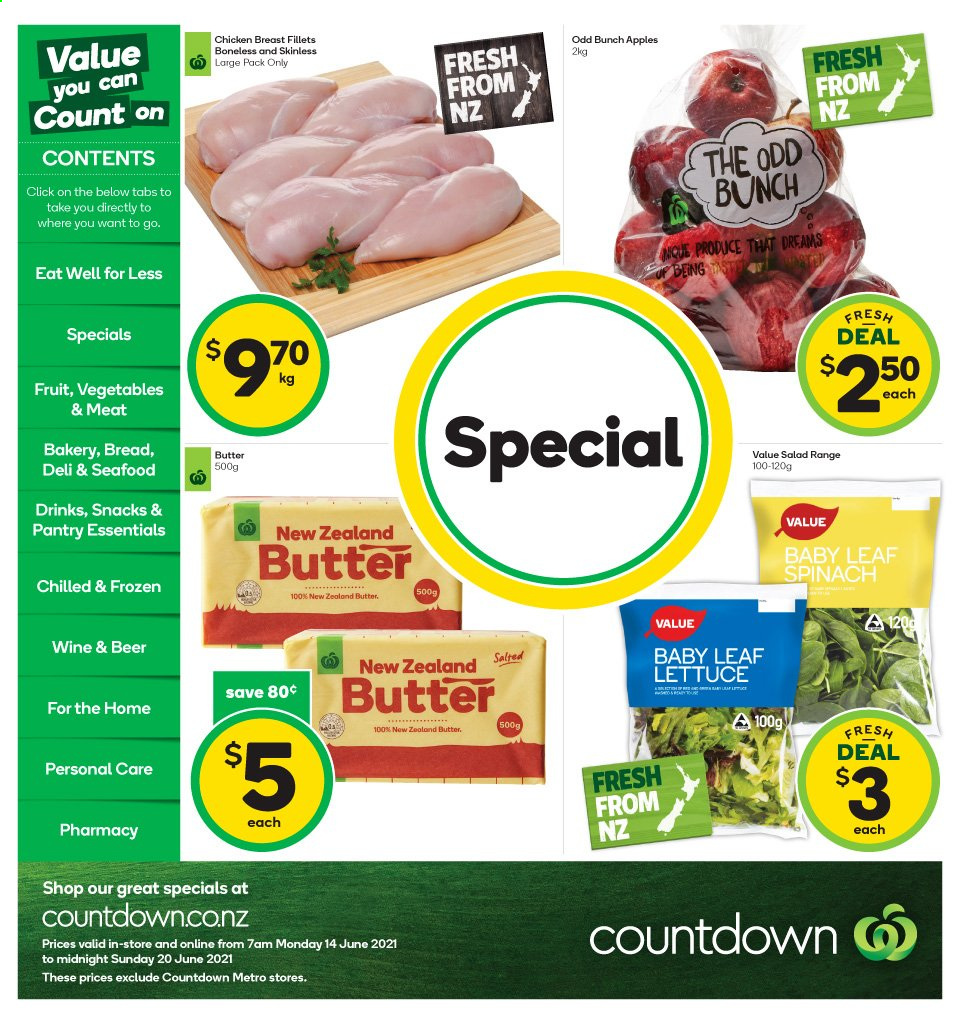 thumbnail - Countdown mailer - 14.06.2021 - 20.06.2021 - Sales products - spinach, lettuce, apples, butter, snack, wine, beer, chicken breasts. Page 1.