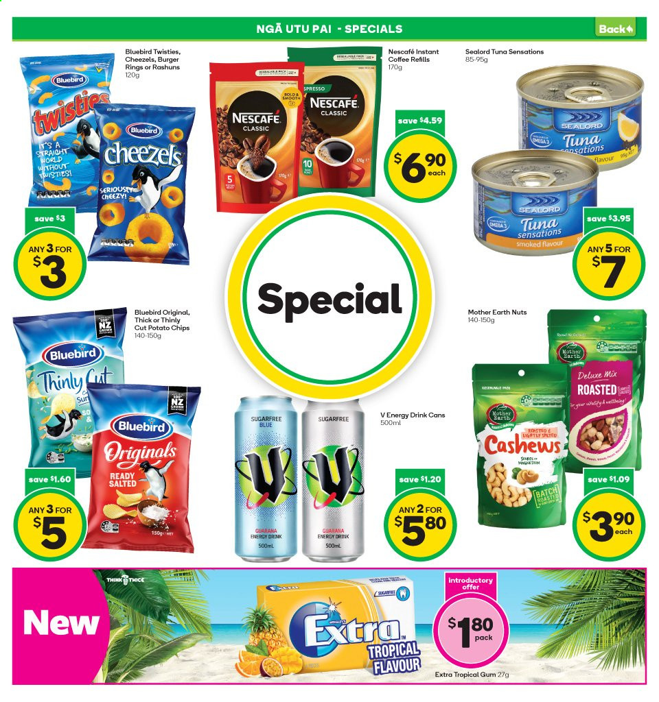 thumbnail - Countdown mailer - 14.06.2021 - 20.06.2021 - Sales products - tuna, Sealord, hamburger, Mother Earth, Bluebird, potato chips, chips, sealord tuna, cashews, energy drink, instant coffee, Nescafé. Page 4.
